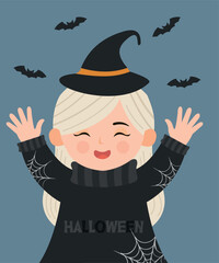 Cute Character Halloween  Illustration with Woman, Girl Holding Bat and Wear Sweater, Magic Hat