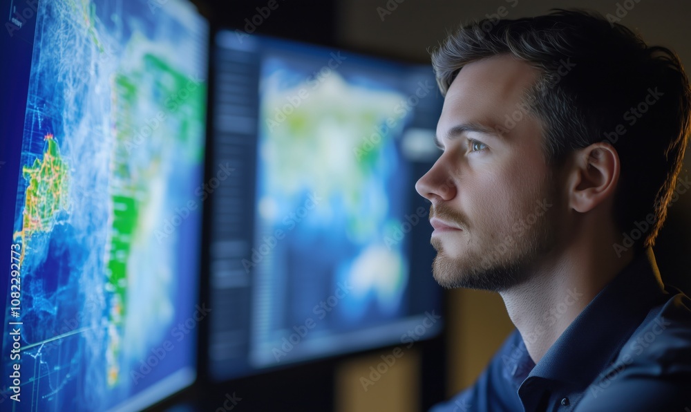 Poster man analyzing data on multiple screens, focused expression, high-tech environment, digital maps and 