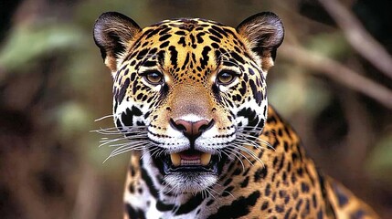 Jaguar face showing sharp teeth in an intense expression, detailed and powerful, showcasing the fierce nature of the big cat on a clean white background.