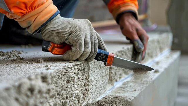 Closeup of a worker using a utility knife to through thermal insulation backing before installation in a bat.