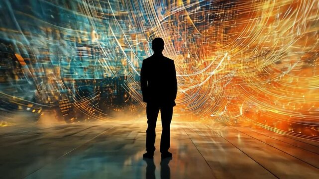 The Digital Frontier: A lone figure stands silhouetted against a vibrant, abstract backdrop of swirling data streams and energy, symbolizing the boundless possibilities of the digital age.  