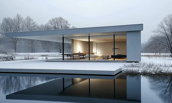Scandinavian home on the edge of a frozen lake, featuring modern materials and smart heating systems, offering a serene view of a snowy landscape