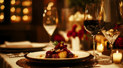 Delicious Gourmet Meal Served on Elegant Table Setting with Wine Glasses, Romantic Ambiance