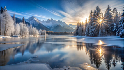 Fototapeta premium Stunning winter lake with mountain reflections and sunlight, peaceful atmosphere, serene nature scene