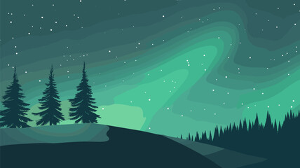 Naklejka premium Northern Lights Over Pine Forest