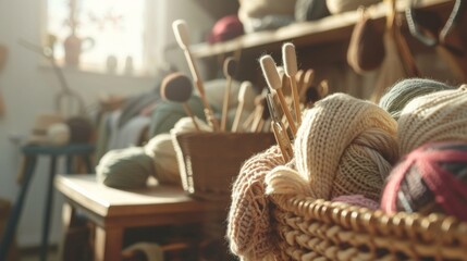 A cozy knitting workshop with knitting needles and yarn baskets, Knitters crafting handmade scarves and sweaters, Craft hobbyist style