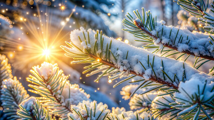 Sparkling snowy pine branches illuminated by sunlight, winter beauty, enchanting close-up view
