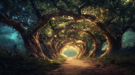 Surreal Archway of Intertwined Lovers  Trees in Enchanting Forest Landscape