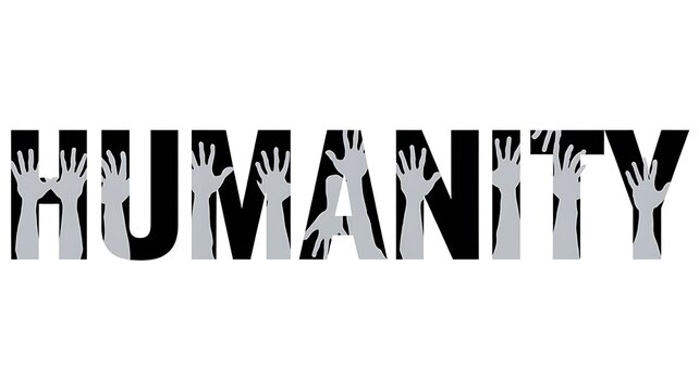Bold Black and White Logo with the Word 'HUMANITY' , with hands in text