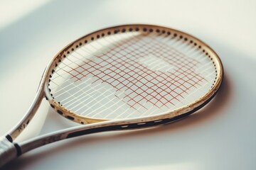 A close-up view of a tennis racket resting on a smooth surface. The strings and frame create a dynamic visual. Perfect for sports enthusiasts and artists. Generative AI.