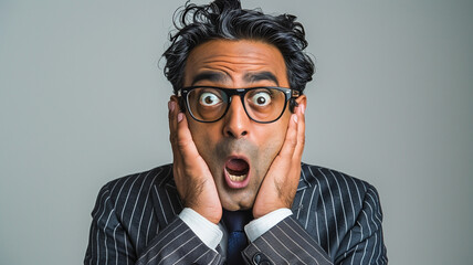 Surprised man in a pinstriped suit and black-rimmed glasses with wide eyes and open mouth, holding his cheeks, conveying a dramatic expression