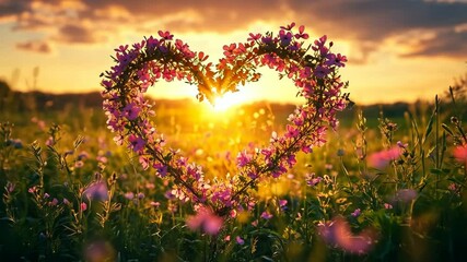 Beautiful sunset over a heart-shaped flower arrangement in a vibrant field, highlighting nature's beauty and love during golden hour