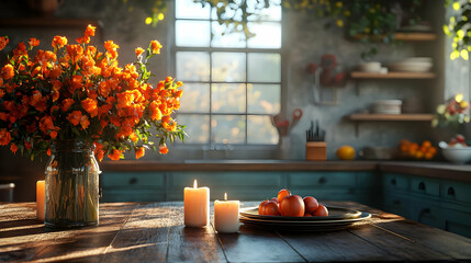 3D Rendering of a Rustic Kitchen Table with Flowers, Candles, and Apples