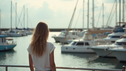 Woman gazing at boats in scenic marina coastal location photography serene environment captured from back reflection on water