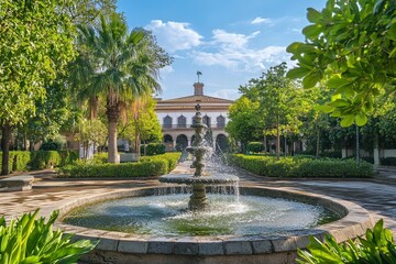 Barcelona, Spain. National Palace museum of Barcelona at Spanish Square with fountain at summer day. with generative ai