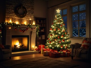 fireplace with christmas tree and gifts