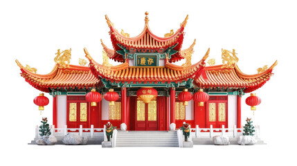 Fototapeta premium Beautiful Chinese Temple Decorated with Lanterns for Chinese New Year, Isolated on White, PNG File, Transparent Background 