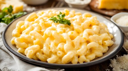 A plate of mac and cheese, elbow macaroni mixed with a creamy cheese sauce.


