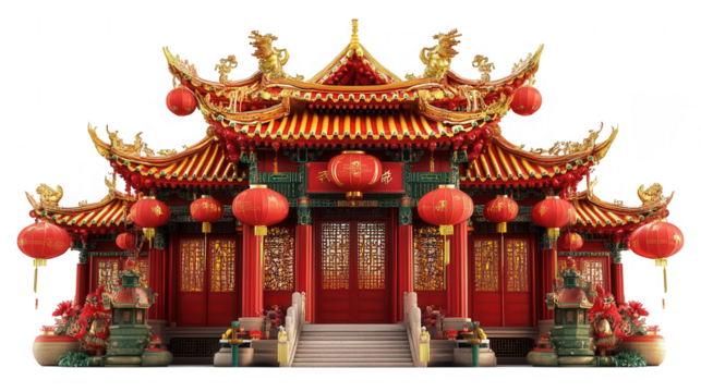 Beautiful Chinese Temple Decorated with Lanterns for Chinese New Year, Isolated on White, PNG File, Transparent Background
