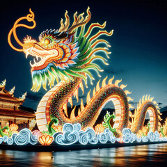 Obraz premium A vibrant dragon leads a procession at a historic fortress under moody skies. Generative AI.
