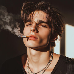 Obraz premium Portrait of a very attractive gay male model smoking, guy looking cool while smoking. smoking fetish. Smoking is sexy. Handsome guy enjoying his cigarette.