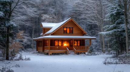 Cozy Cabin in Snowy Forest - A Winter Wonderland Illustration