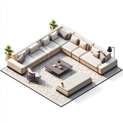 Modern sectional sofa and coffee table on a patio with stone floor and plants.