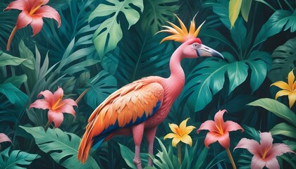 Tropical exotic pattern with animal and flowers in bright colors and lush vegetationn