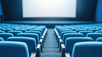 Fototapeta premium An empty cinema auditorium features rows of blue seats leading up to a large, blank screen. The calm atmosphere suggests a waiting audience, possibly for an evening screening