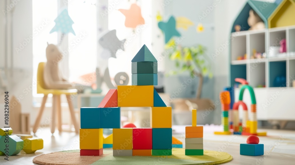 Poster a creative block-building setup in a bright playroom, colorful building blocks arranged artistically