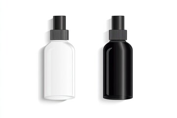 Realistic spray glass bottle mockup with white and black cap. Isolated on white background. For perfume spray and beauty products.