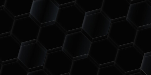 Dark black color embossed hexagon background, Luxury wallpaper Illustration, Futuristic  3d abstract honeycomb mosaic black background, Modern trendy dark black and shadow.