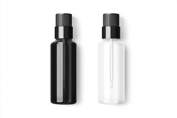 Realistic spray glass bottle mockup with white and black cap. Isolated on white background. For perfume spray and beauty products.