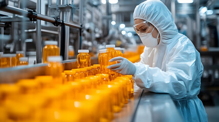 Worker in Sterile Suit Inspecting Filled Amber Bottles on a Conveyor Belt in a Pharmaceutical Production Facility
