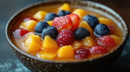 A bowl of fresh fruit salad with pineapple, blueberries, raspberries, and strawberries.