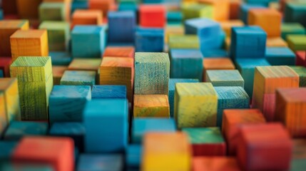 A creative block-building workshop with colorful bricks, Blocks meticulously organized on a table, Contemporary artistic style