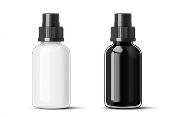 Realistic spray glass bottle mockup with white and black cap. Isolated on white background. For perfume spray and beauty products.