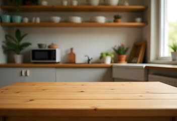 A wooden table in a cozy kitchen setting, with shelves and appliances visible in the background