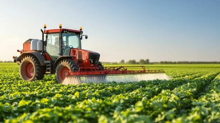 Fototapeta premium agrochemical concept, A bright tractor cutting through lush green fields, showcasing modern agricultural practices against a clear blue sky.