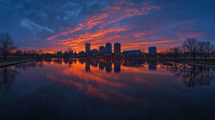 Cityscape of Columbus, Ohio, at spring sunset, showcasing downtown skyline and reflection in Scioto River.