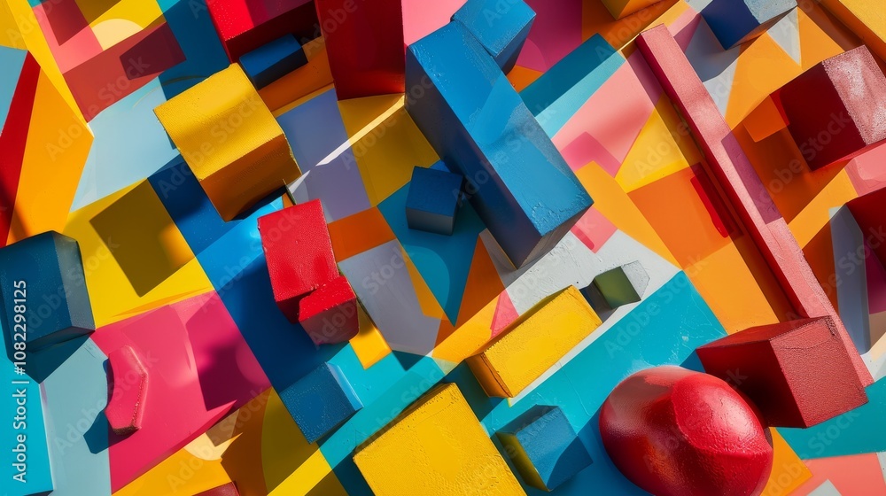 Poster a creative composition featuring a playful block-building scene, colorful blocks meticulously arrang