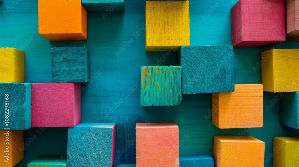 Poster a creative composition featuring a playful block-building scene, colorful blocks meticulously arrang