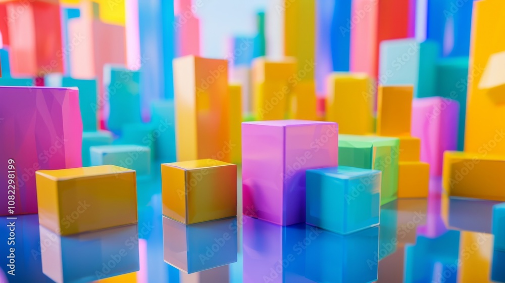 Poster a creative composition featuring a playful block-building scene, colorful blocks meticulously arrang