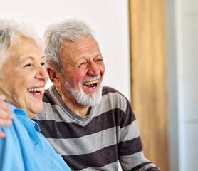 woman man senior couple happy retirement together elderly portrait active vitality bonding looking positive hug hugging bonding indoor home