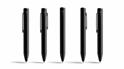 Five Matte Black Pens Arranged in a Row, 3D Realistic Illustration against White Background