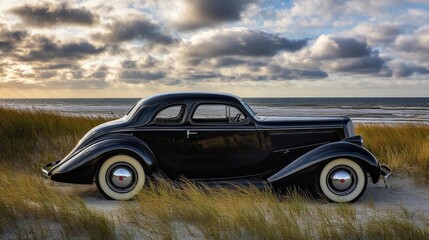 Classic 1936 black three-window coupe parked on Rømø's beach in Denmark.