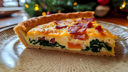 Savory Spinach and Bacon Quiche Slice - Food Photography