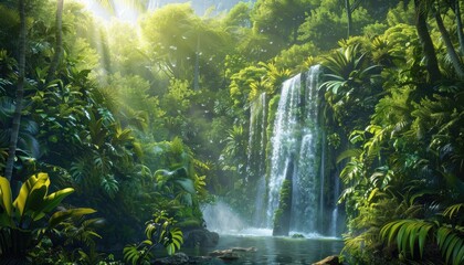A Waterfall Cascading Through Lush Tropical Rainforest
