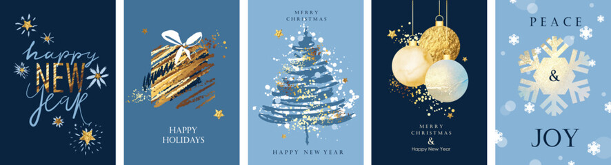 Christmas and New Year greeting cards design. Holiday background, greeting card, party invitation, website banner, social media post. Shiny chic, festive golden textures.  © olechkaart