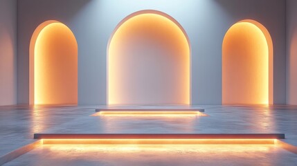 Minimalist Arched Interior with Warm Lighting. Generative AI